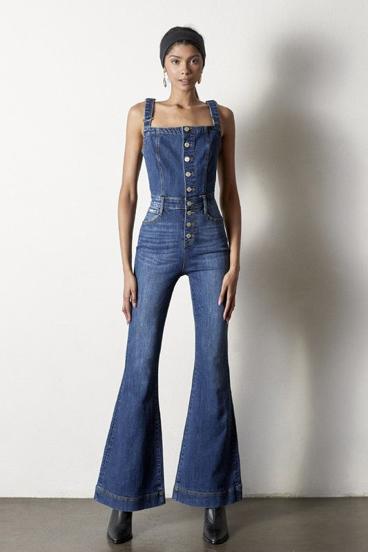 Front Buttons Flare Denim Overalls