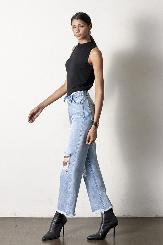 Frayed Flip Waist Straight Jeans