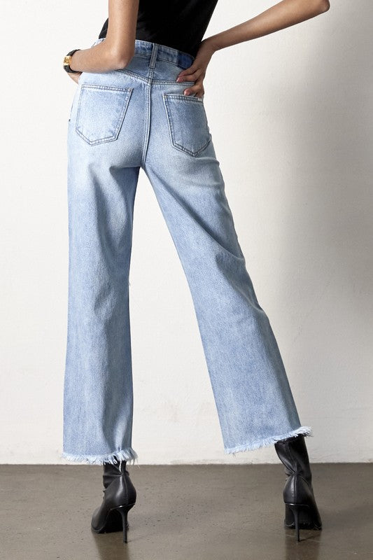 Frayed Flip Waist Straight Jeans