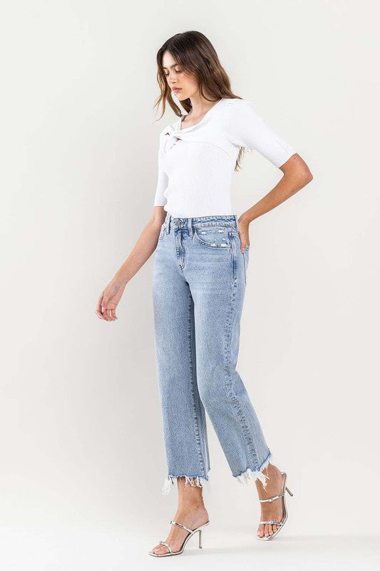 High Rise Distressed Hem Crop Dad Jeans