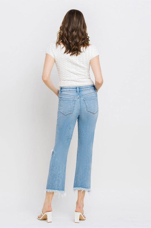 High Rise Frayed Hem Crop Straight Jeans