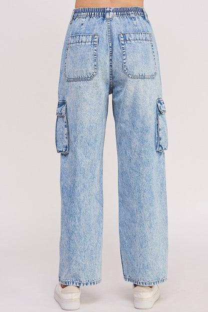 HIGH WAIST BAGGY DENIM CARGO ANKLE LENGTH TROUSERS