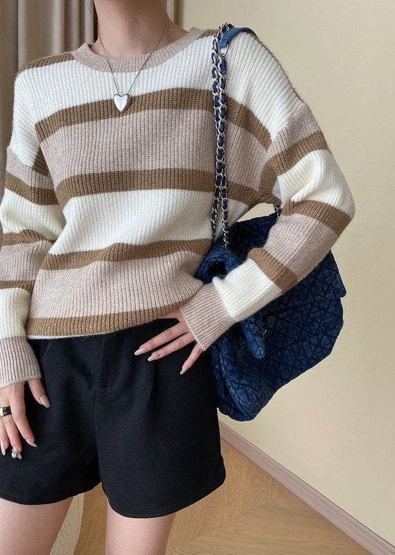 Striped round neck knit sweater