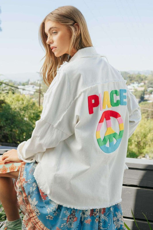 Multi Color Lettering Peace Symbol Button Up Shirt